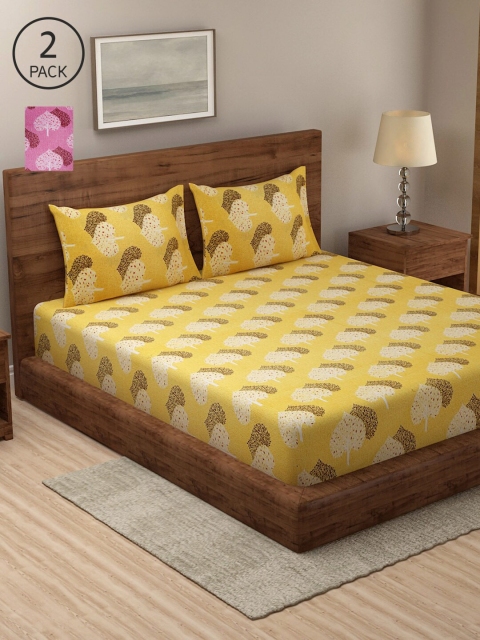

NEUDIS Set of 2 Yellow & Pink Ethnic Motifs 240 TC King Bedsheet with Pillow Covers