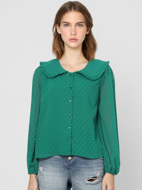 

ONLY Women Green Dobby Weave Peter Pan Collar Top
