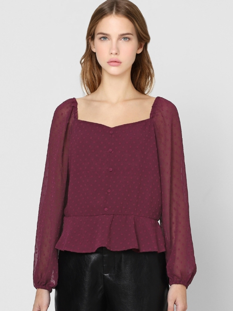 

ONLY Burgundy Sweetheart Neck Dobby Weave Peplum Top