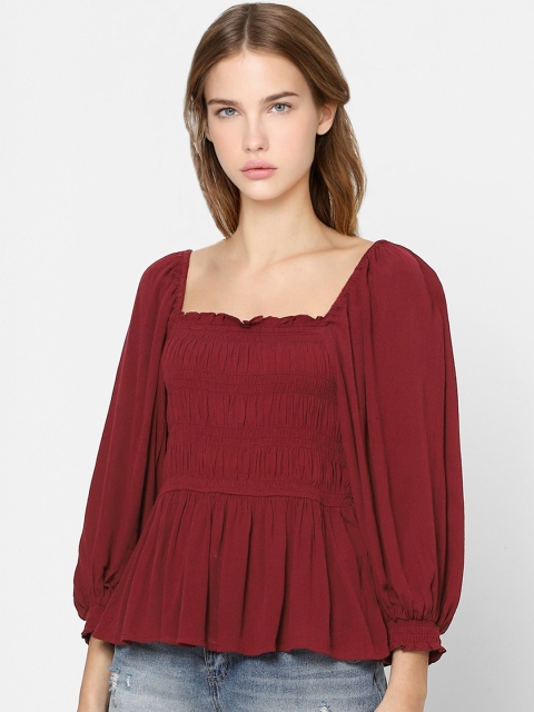 

ONLY Women Maroon Solid Smocked Top