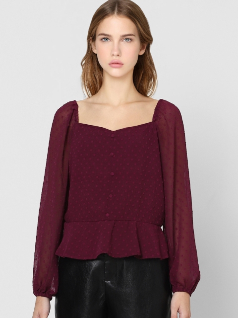 

ONLY Women Burgundy Dobby Weave Sweetheart Neck Top