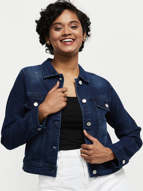 

max Women Blue Washed Windcheater Crop Denim Jacket with Patchwork