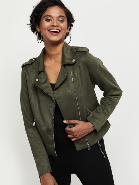 

max Women Green Windcheater Crop Biker Jacket