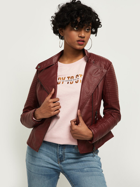 

max Women Maroon Windcheater Biker Jacket