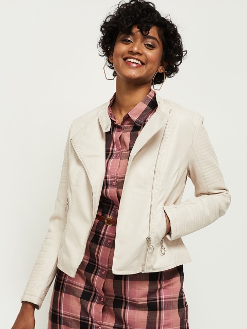 

max Women White Checked Windcheater Biker Jacket