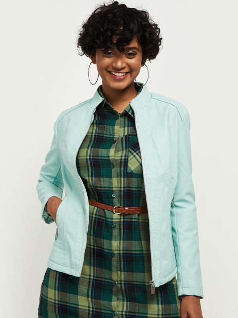 

max Women Blue Checked Windcheater Bomber Jacket