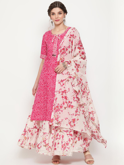 

Luni Women Pink Bandhani Printed Regular Pure Cotton Kurta with Skirt & Dupatta