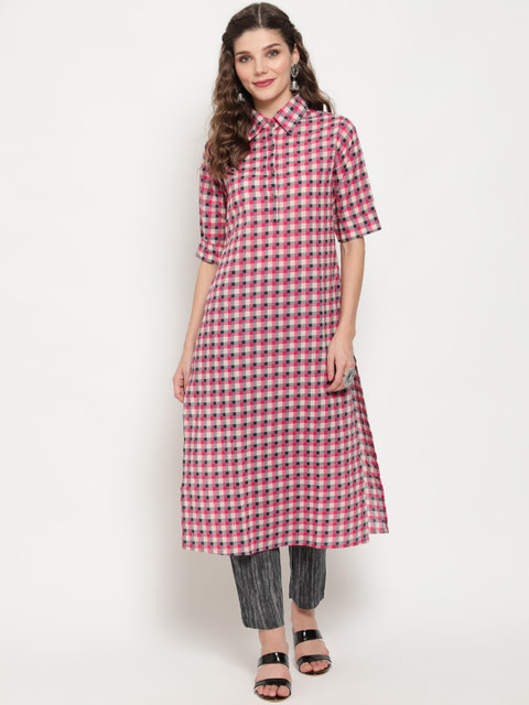 

Luni Women Pink & Grey Regular Pure Cotton Kurta With Trousers