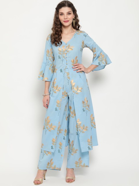 

Luni Women Blue & Gold Coloured Floral Printed Regular Pure Cotton Kurta with Palazzos