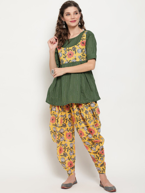 

Luni Women Yellow Floral Pleated Pure Cotton Kurti with Dhoti Pants
