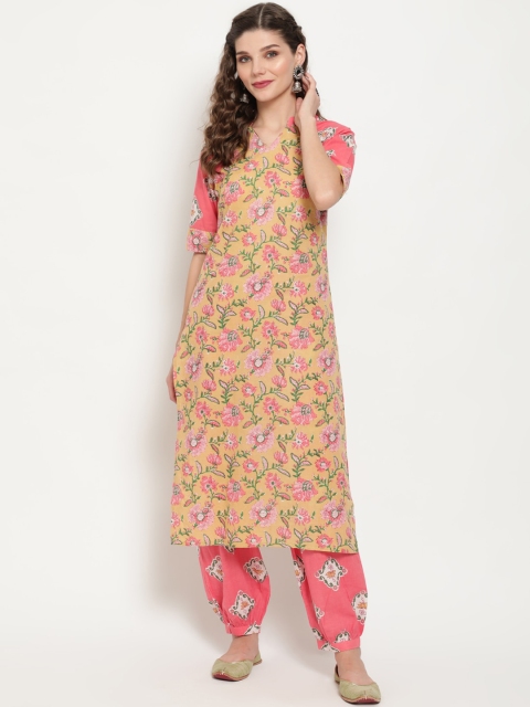 

Luni Women Yellow Floral Printed Regular Pure Cotton Kurti with Trousers