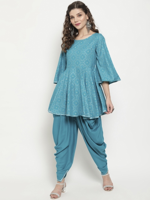 

Luni Women Teal Bandhani Printed Empire Gotta Patti Kurti with Dhoti Pants