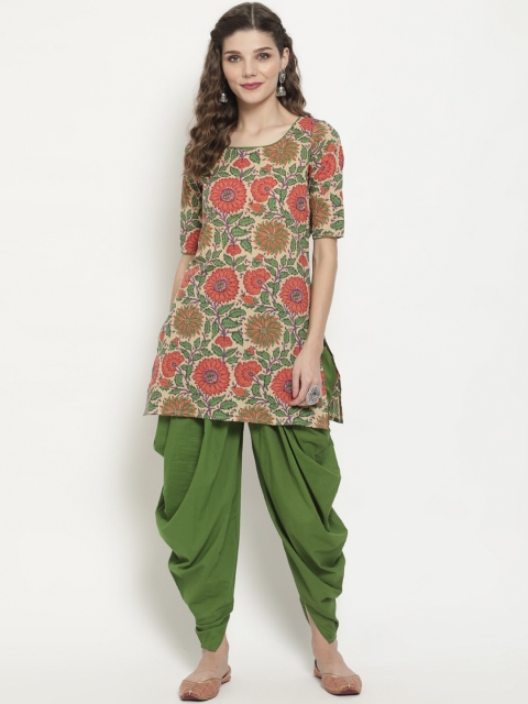 

Luni Women Green & Beige Floral Printed Regular Pure Cotton Kurta with Dhoti Pants