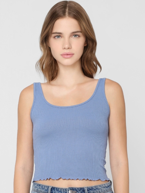 

ONLY Blue Solid Sleeveless Crop Top
