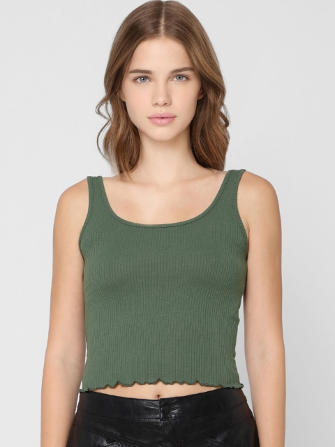 

ONLY Green Solid Sleeveless Crop Top