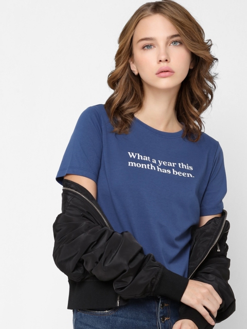

ONLY Women Blue Typography Printed Pure Cotton T-shirt
