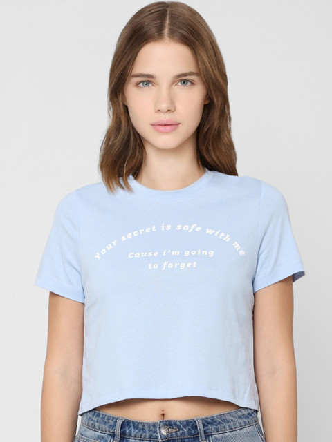 

ONLY Women Blue Typography Printed Pure Cotton T-shirt