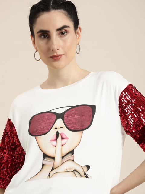 

Moda Rapido Women White Printed Drop-Shoulder Sleeves Cropped T-shirt with Sequins