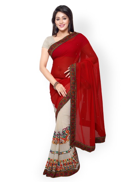 

Satrani Red & Beige Embroidered Georgette Embellished Saree