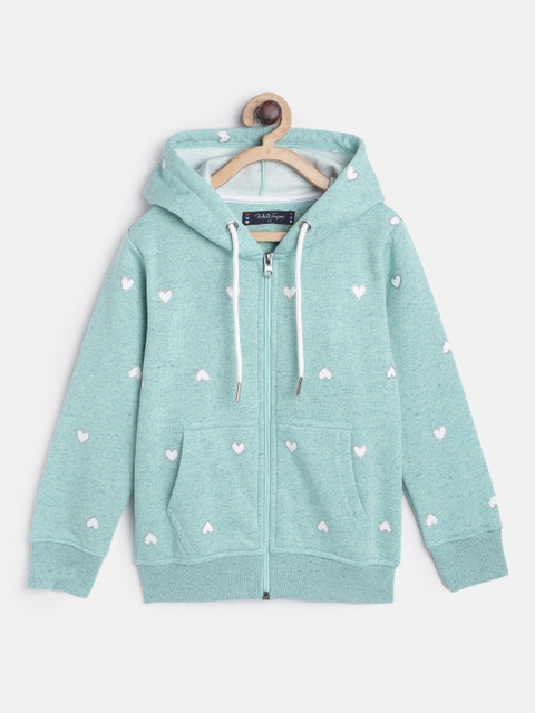 

White Snow Girls Sea Green & White Heart Print Hooded Sweatshirt
