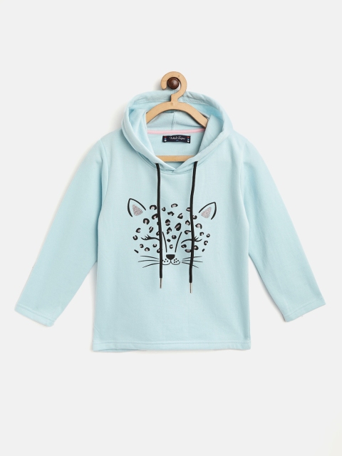 

White Snow Girls Blue & Black Cat Print Hooded Sweatshirt