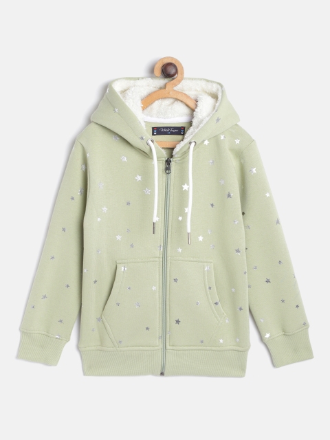 

White Snow Girls Light Olive Green & Silver Star Print Hooded Sweatshirt