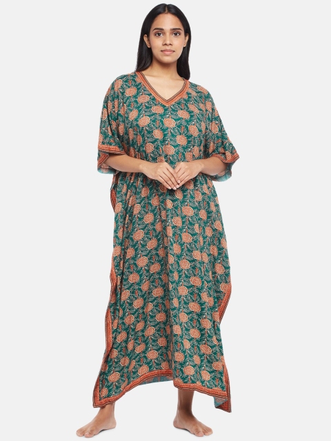 

RANGMANCH BY PANTALOONS Green Printed Maxi Kaftan Nightdress