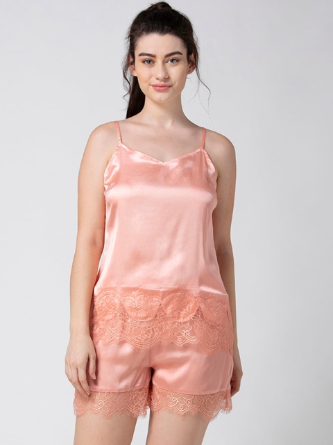 

ADORENITE Women Peach-Coloured Satin Lace Camisole With Shorts