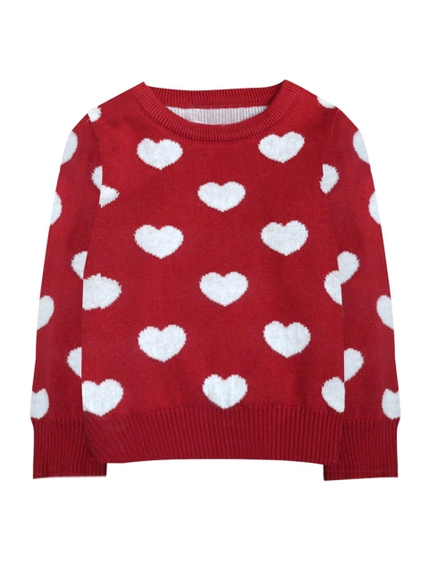 

A T U N Girls Red & White Heart Printed Pure Cotton Pullover Sweater
