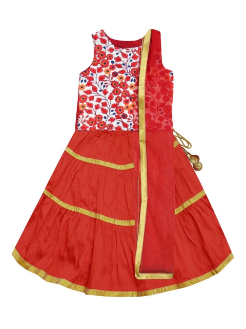 

A T U N Girls Red & White Embroidered Ready to Wear Lehenga & Blouse With Dupatta