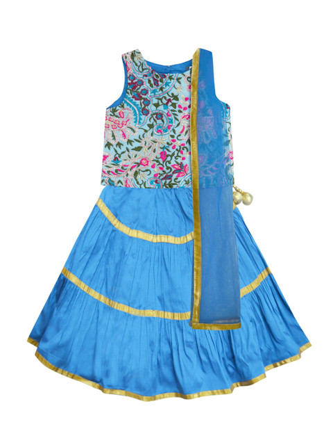 

A T U N Girls Turquoise Blue & Fuchsia Embroidered Thread Work Ready to Wear Lehenga & Blouse With Dupatta