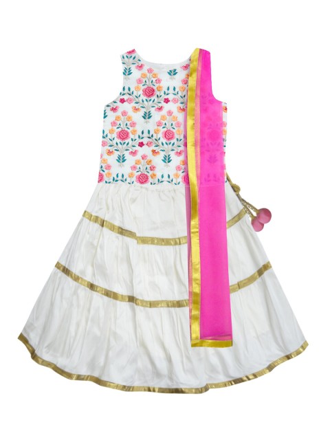 

A T U N Girls Off White & Fuchsia Embroidered Ready to Wear Lehenga & Blouse With Dupatta