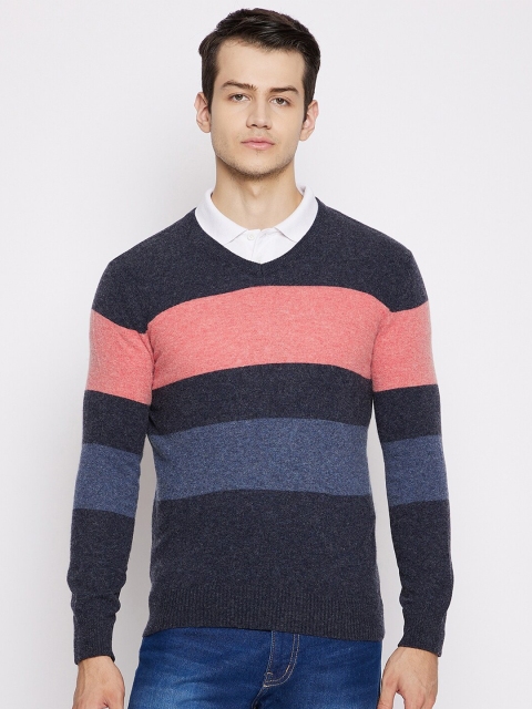 

Octave Men Navy Blue & Coral Striped Lamb Wool Pullover Sweater