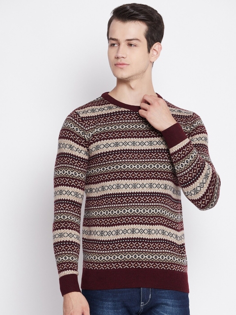 

Octave Men Maroon & Beige Geometric Jacquard Knit Acrylic Pullover Sweater