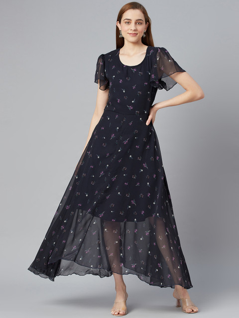 

I AM FOR YOU Navy Blue Floral Georgette Maxi Dress
