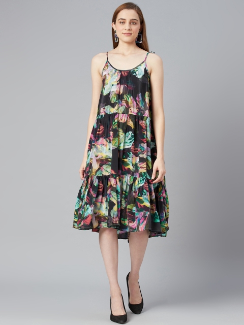

I AM FOR YOU Black & Multicoloured Floral Crepe A-Line Midi Dress