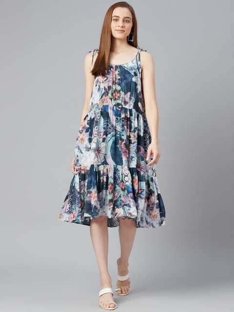 

I AM FOR YOU Blue & Multicoloured Floral Crepe A-Line Midi Dress