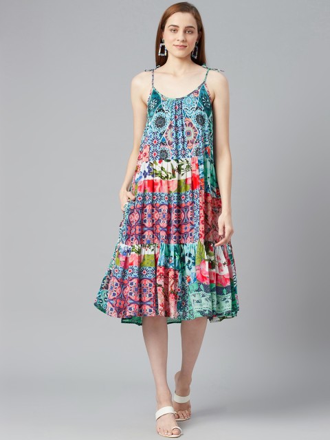 

I AM FOR YOU Blue & Multicoloured Floral Crepe A-Line Midi Dress