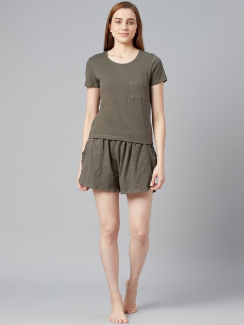 

I AM FOR YOU Women Olive Green Cotton Night Suit