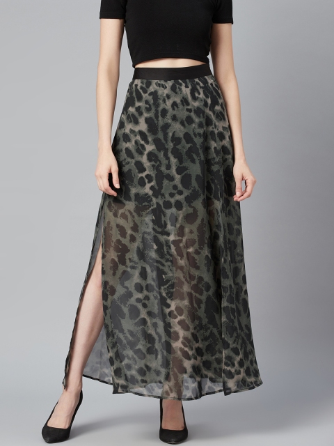 

I AM FOR YOU Women Black & Green Printed Multi-Slit A-Line Maxi Skirt