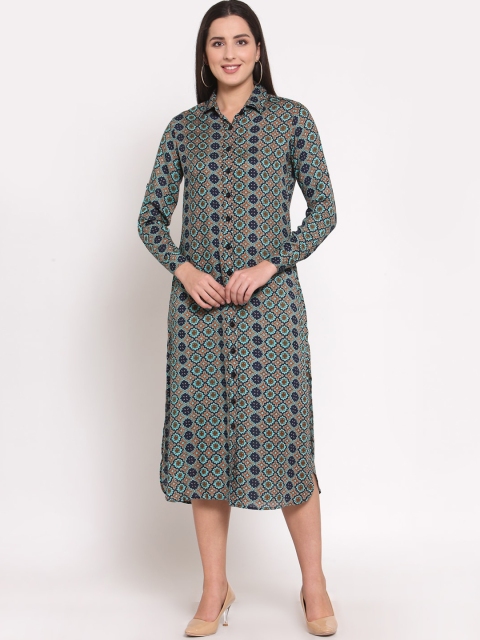 

LUCERO Green Ethnic Motifs Shirt Midi Dress