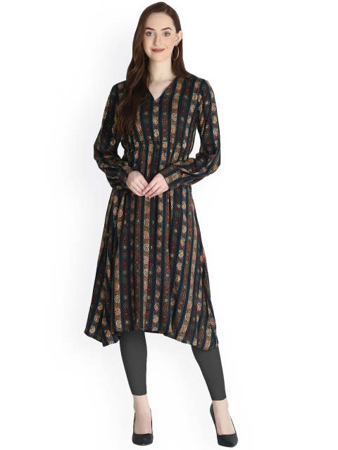 

OM SAI LATEST CREATION Women Navy Blue Ethnic Motifs Striped Kurta