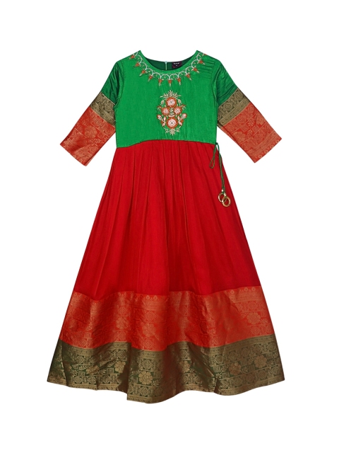 

Ishin Girls Red & Green Ethnic Motifs A-Line Maxi Dress