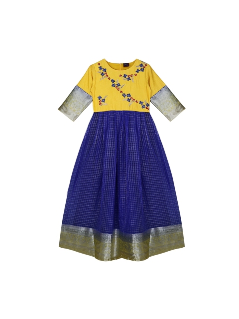 

Ishin Girls Yellow & Blue Checked Embroidered Pattu Pavadai