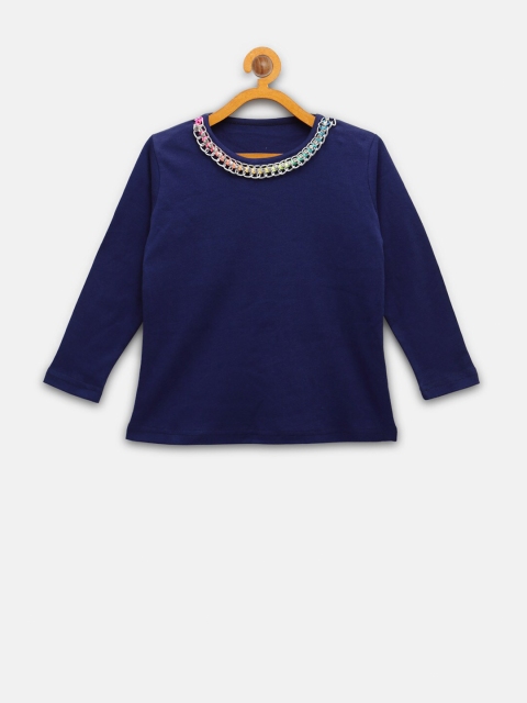 

NYNSH Girls Navy Blue Embellished Neck T-shirt