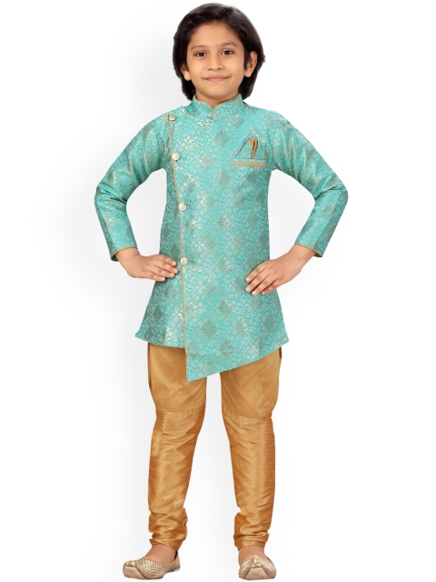 

LITTLE MAFIA BY Aarika Boys Green & Brown Printed Pure Silk Kurta with Churidar