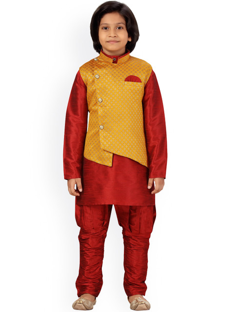 

LITTLE MAFIA BY Aarika Boys Yellow & Maroon Pure Silk Kurta Set & Nehru Jacket