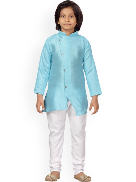 

LITTLE MAFIA BY Aarika Boys Turquoise Blue & White Regular Pure Silk Kurta With Pyjamas