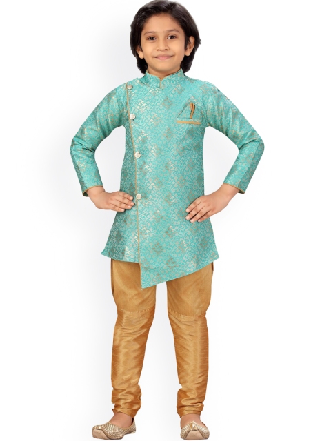 

LITTLE MAFIA BY Aarika Boys Green & Gold-Toned Ethnic Motifs Pure Silk Kurta With Pyjamas
