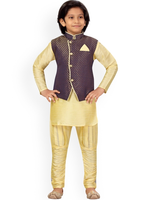 

LITTLE MAFIA BY Aarika Boys Navy Blue & Cream Coloured Pure Silk Kurta Set & Nehru Jacket